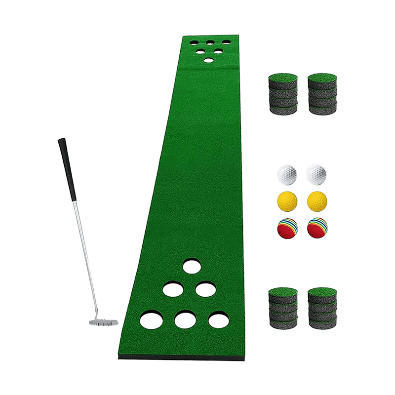 Golf Beer Pong Game Toy Set Green Golf Putting Matt with 2 Putters, 6 Balls - John Cootes