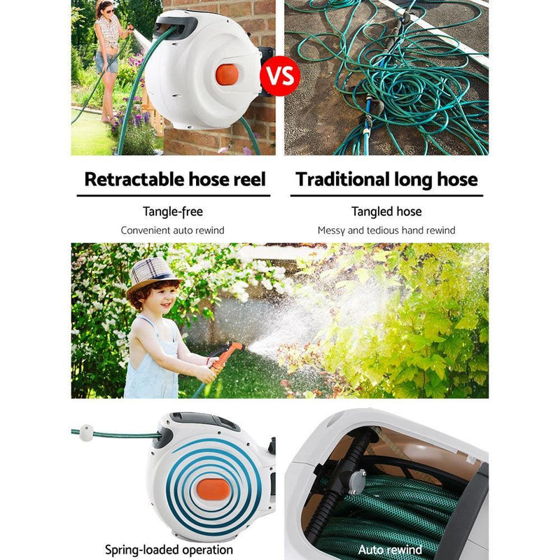 Greenfingers Retractable Hose Reel 20M Garden Water Brass Spray Gun Auto Rewind - John Cootes