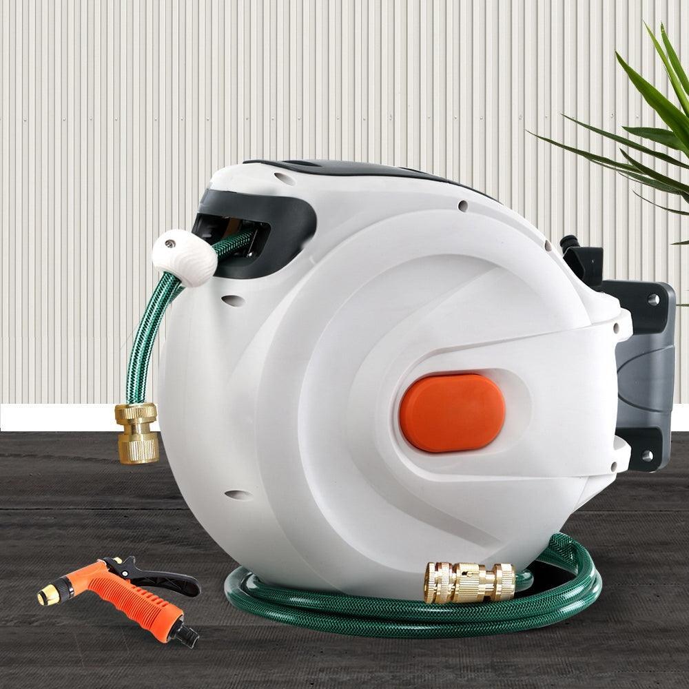 Greenfingers Retractable Hose Reel 20M Garden Water Brass Spray Gun Auto Rewind - John Cootes