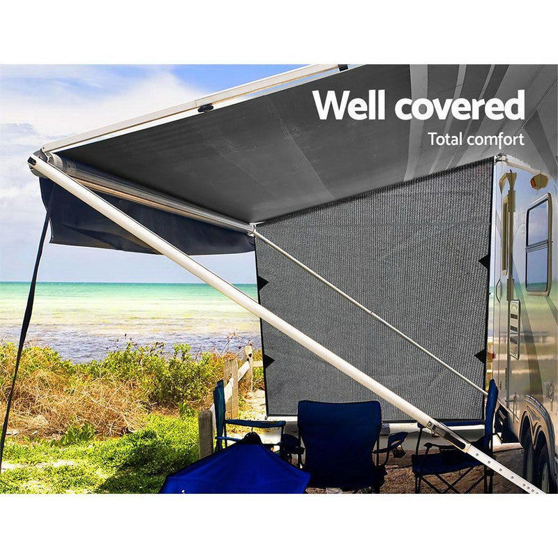 Grey Caravan Privacy Screen 1.95 x 2.2M End Wall Side Sun Shade Roll Out Awning - John Cootes