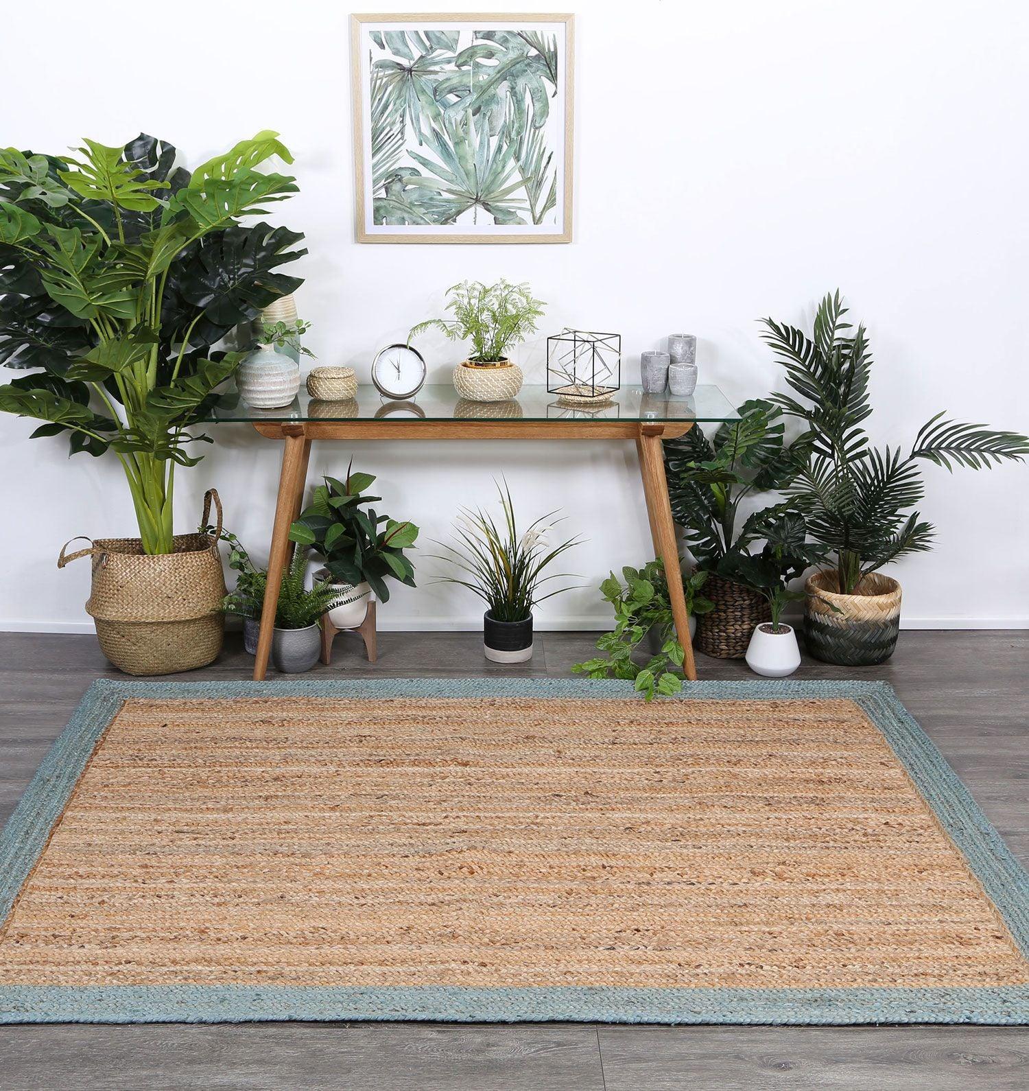Hampton Blue Border Jute Rug 150x220cm - John Cootes