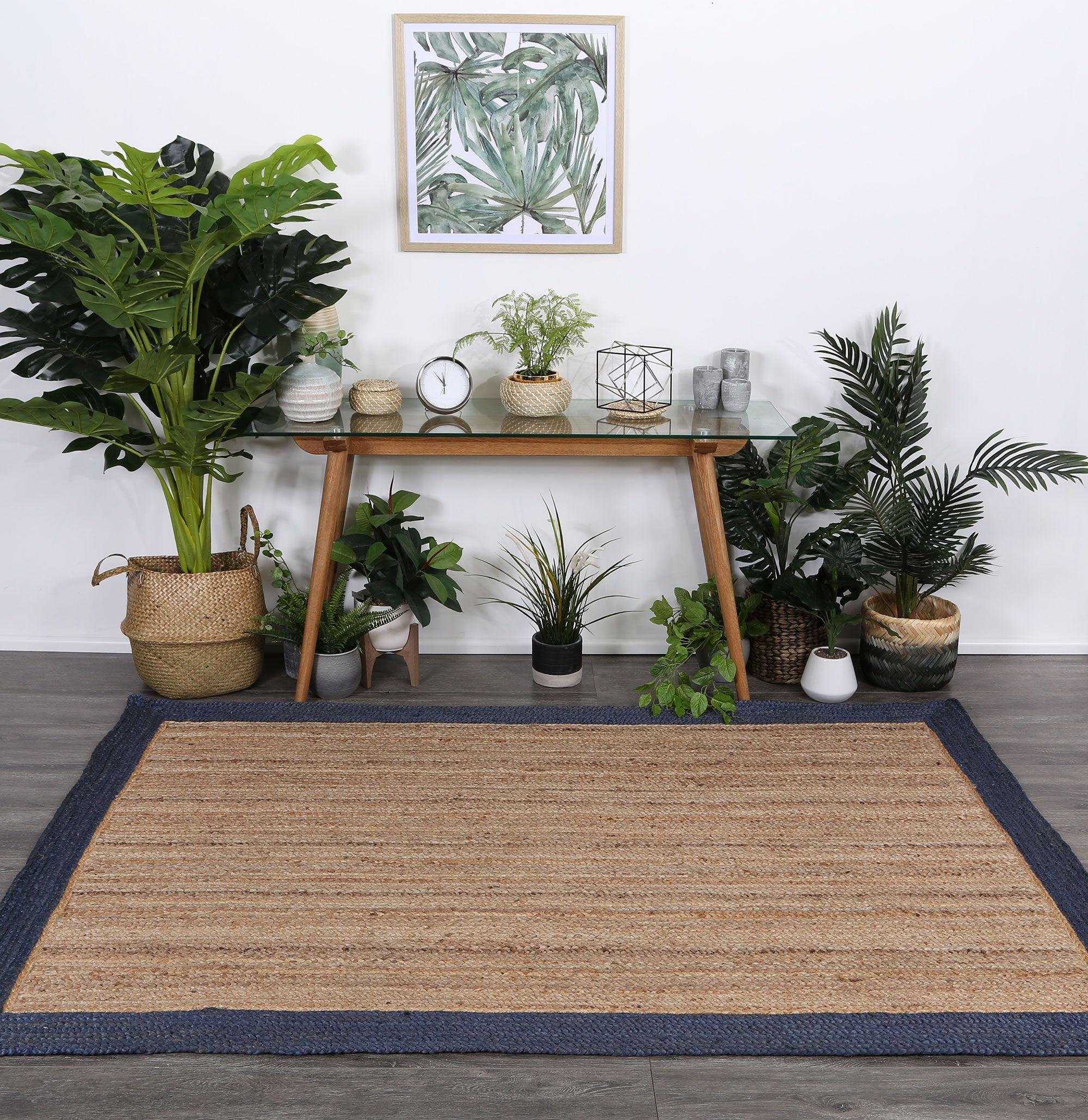 Hampton Navy Blue Border Jute Rug 150x220cm - John Cootes