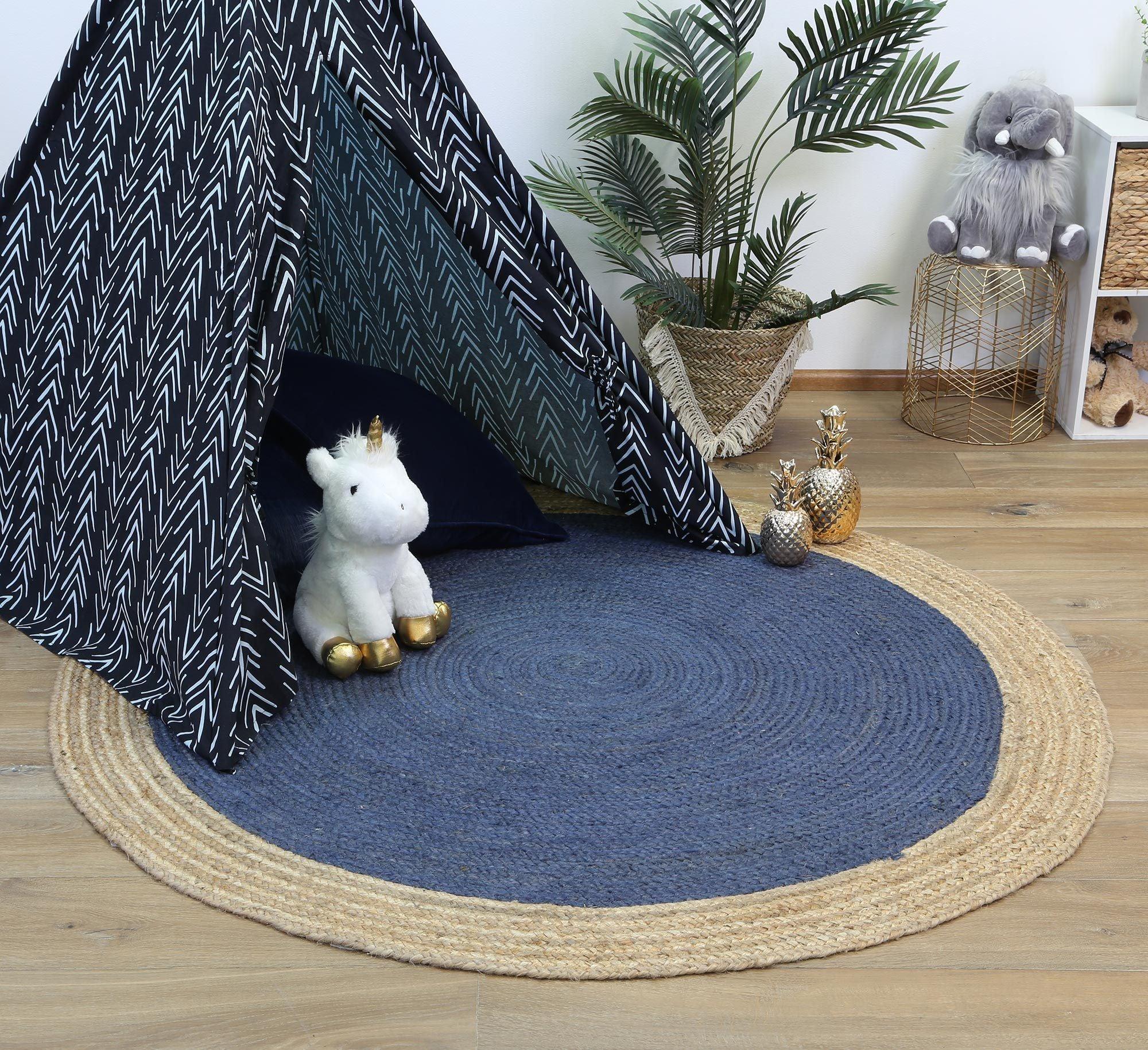 Hampton Navy Blue Centre Jute Rug 200x200cm Round - John Cootes