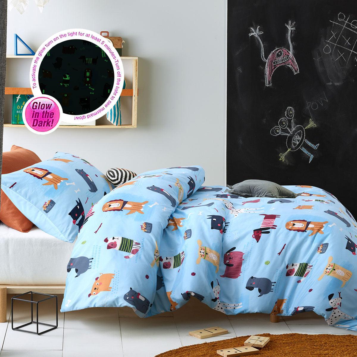 Happy Kids Woof Glow in the Dark Quilt Cover Set Single - John Cootes