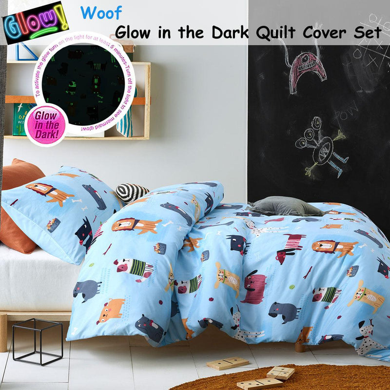 Happy Kids Woof Glow in the Dark Quilt Cover Set Single - John Cootes