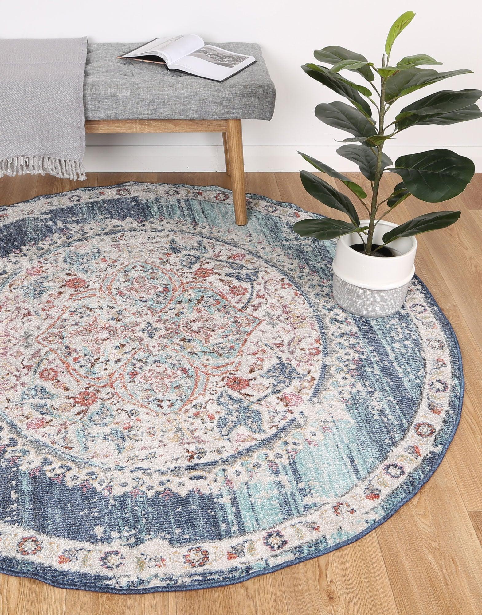 Hollow Medalion Transitional Navy Multi Rug 160x160cm - John Cootes