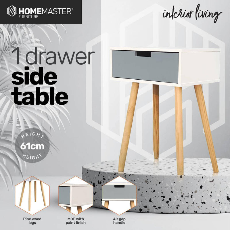 Home Master 1 Drawer Side Table Modern Sleek &amp; Stylish Neutral Design 61cm - John Cootes