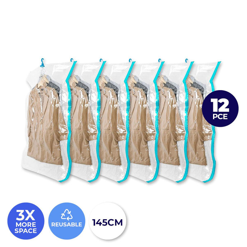 Home Master 12PCE Hanging Vacuum Storage Bag Re-Usable Space Saver 70 x 145cm - John Cootes