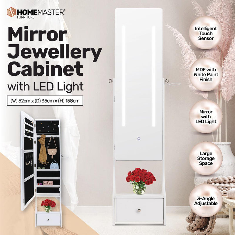 Home Master 158cm Mirror Jewellery Cabinet LED Lighting &amp; Adjustable Angling - John Cootes