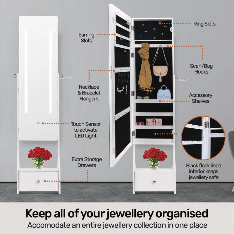 Home Master 158cm Mirror Jewellery Cabinet LED Lighting &amp; Adjustable Angling - John Cootes