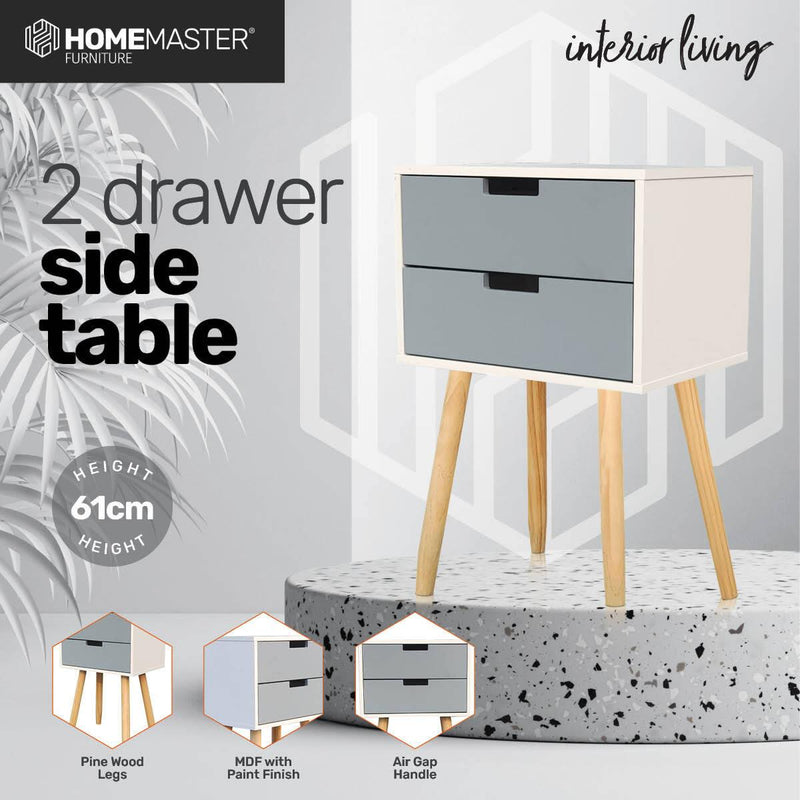 Home Master 2 Drawer Side Table Modern Sleek &amp; Stylish Neutral Design 61cm - John Cootes