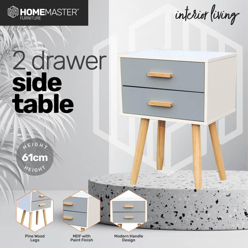 Home Master 2 Drawer Side Table Sleek Modern &amp; Stylish Neutral Design 61cm - John Cootes