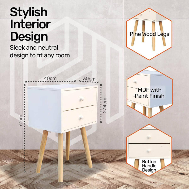 Home Master 2 Drawer Side Table Sleek Modern &amp; Stylish Neutral Design 61cm - John Cootes