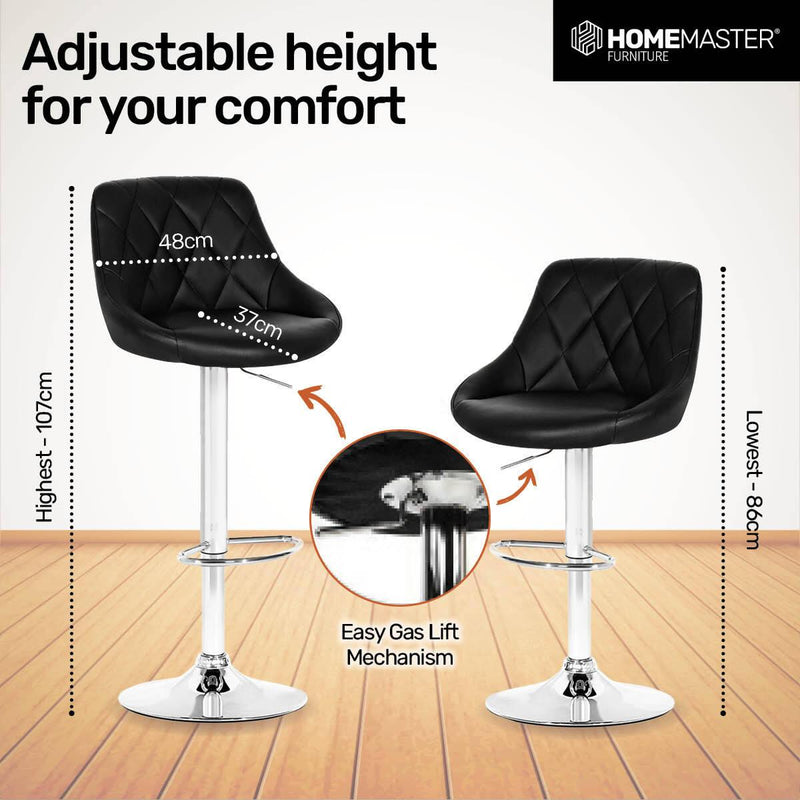 Home Master 2PCE Bar Stool Black Swivel Seat Adjusting Height Stylish Modern - John Cootes