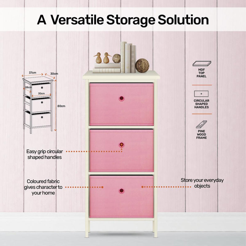 Home Master 3 Drawer Pine Wood Storage Chest Pink Fabric Baskets 70 x 80cm - John Cootes
