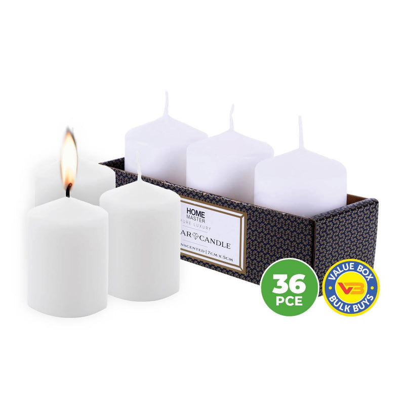 Home Master 36PCE Pillar Candles White Unscented Lead Free Wick 16 Hours 7cm - John Cootes