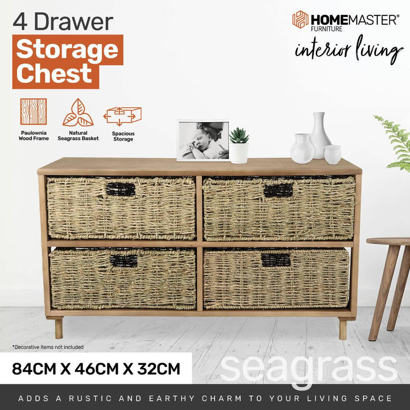 Home Master 4 Drawer Natural Seagrass Wooden Storage Chest Stylish 46cm - John Cootes