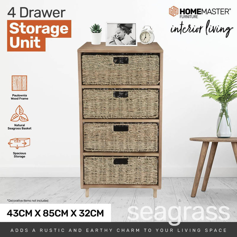 Home Master 4 Drawer Natural Seagrass Wooden Storage Chest Stylish 85cm - John Cootes