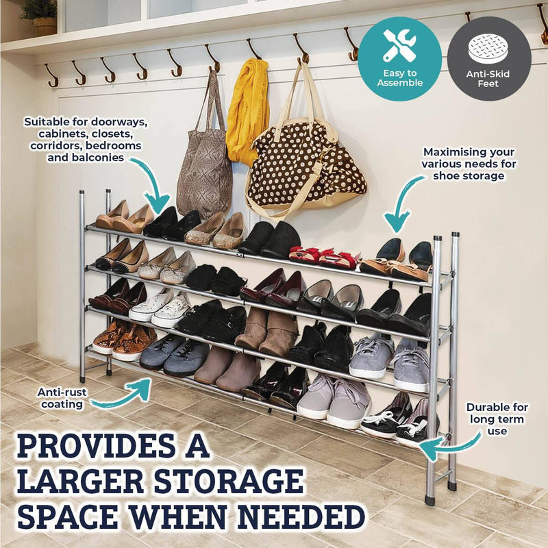 Home Master 4 Tier Shoe Rack Extendable Stainless Steel Structure 62cm-117cm - John Cootes