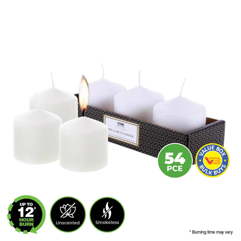 Home Master 54PCE Pillar Candles White Unscented Lead Free Wick 12 Hours 5cm - John Cootes
