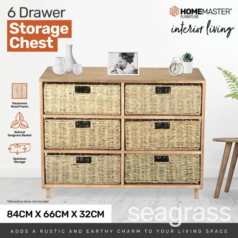 Home Master 6 Drawer Natural Seagrass Wooden Storage Chest Stylish 66cm - John Cootes