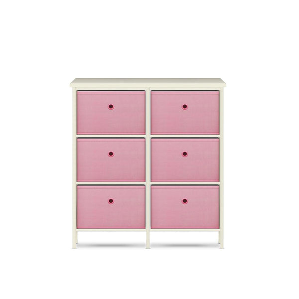 Home Master 6 Drawer Pine Wood Storage Chest Pink Fabric Baskets 70 x 80cm - John Cootes