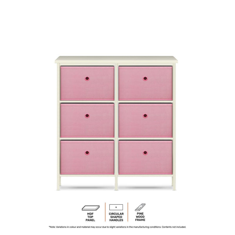 Home Master 6 Drawer Pine Wood Storage Chest Pink Fabric Baskets 70 x 80cm - John Cootes