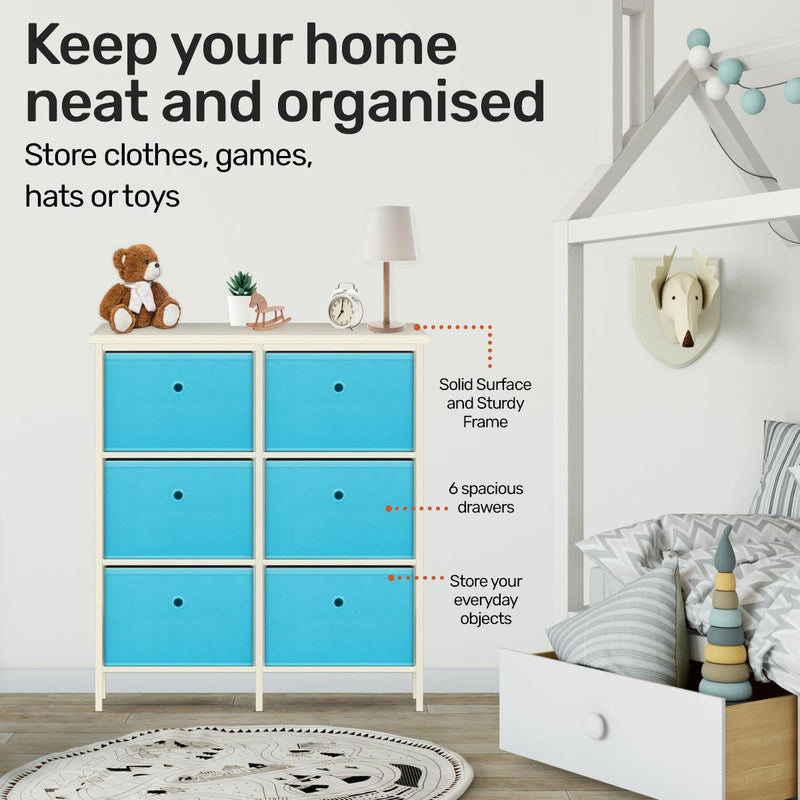 Home Master 6 Drawer Pine Wood Storage Chest Sky Blue Fabric Baskets 70 x 80cm - John Cootes