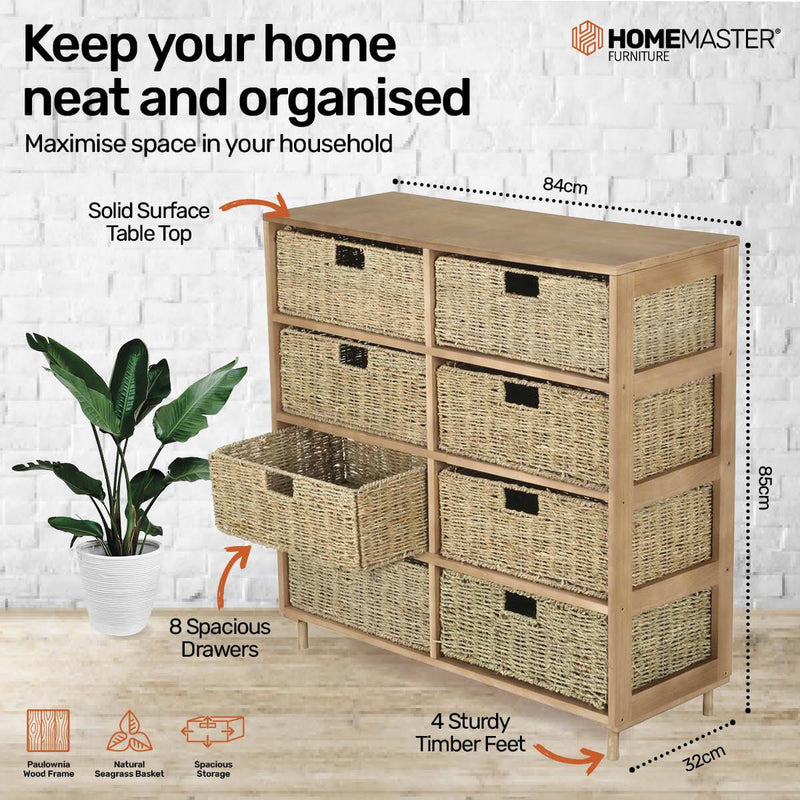 Home Master 8 Drawer Natural Seagrass Wooden Storage Chest Stylish 85cm - John Cootes