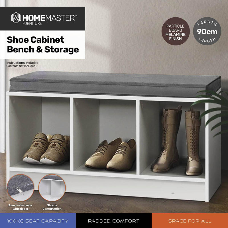 Home Master Storage/Shoe Bench With Padded Cushion Seating 90cm - John Cootes