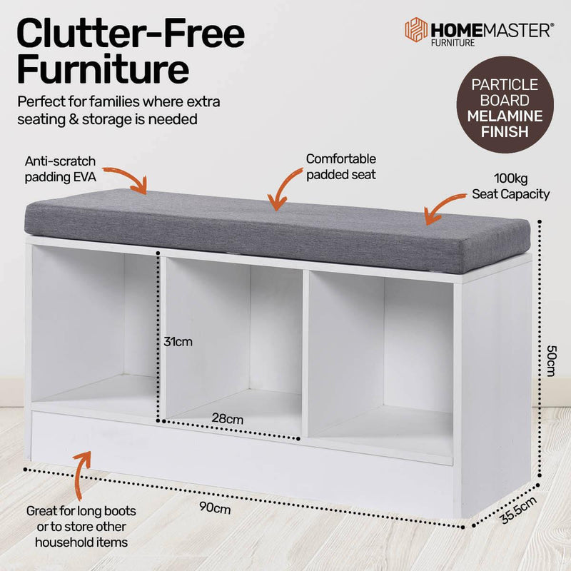 Home Master Storage/Shoe Bench With Padded Cushion Seating 90cm - John Cootes