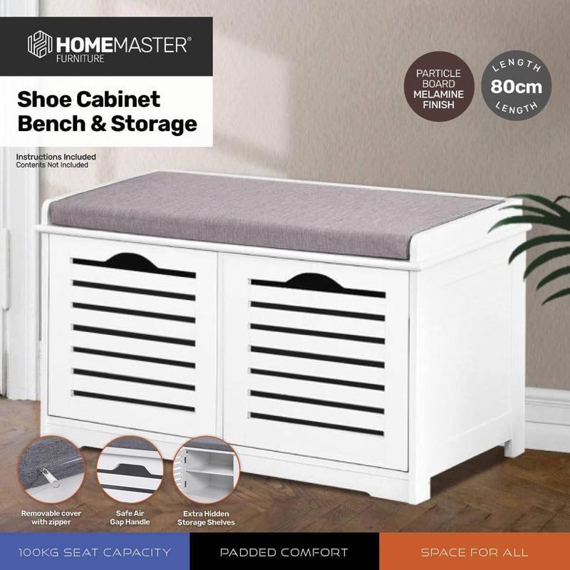 Home Master Storage/Shoe Cabinet With Removable Padded Cushion Seating 80cm - John Cootes
