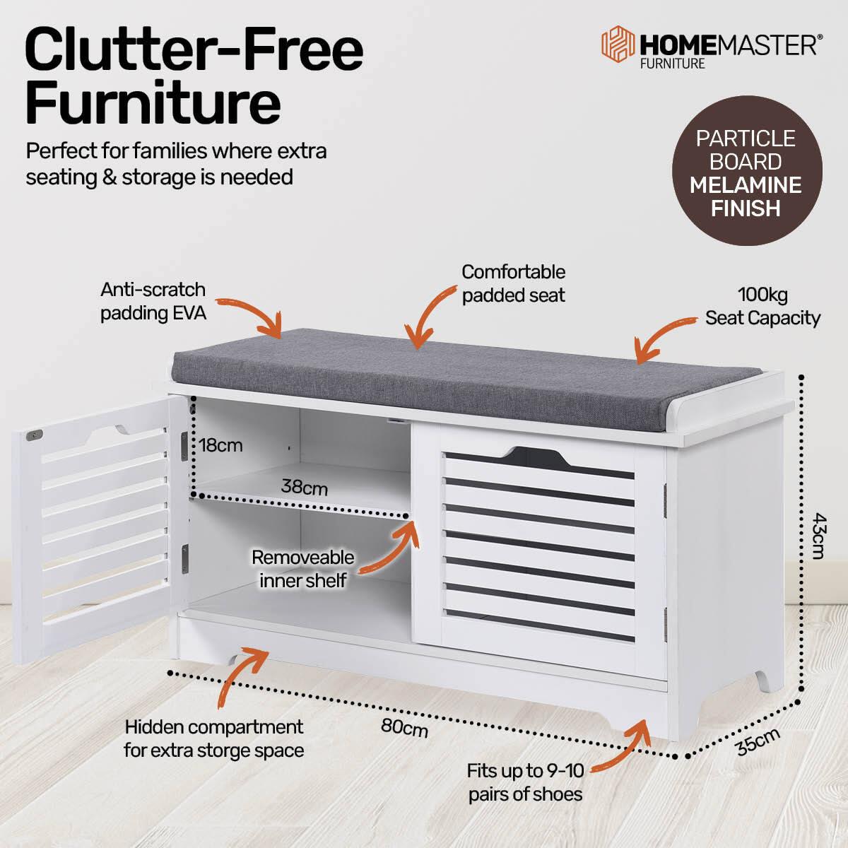 Home Master Storage/Shoe Cabinet With Removable Padded Cushion Seating 80cm - John Cootes