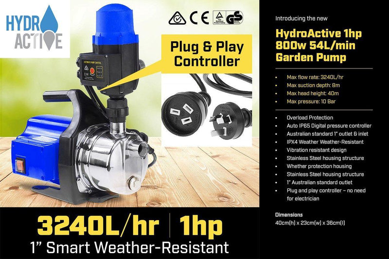 Hydro Active 800w Weatherised Stainless Auto Water Pump Blue - John Cootes