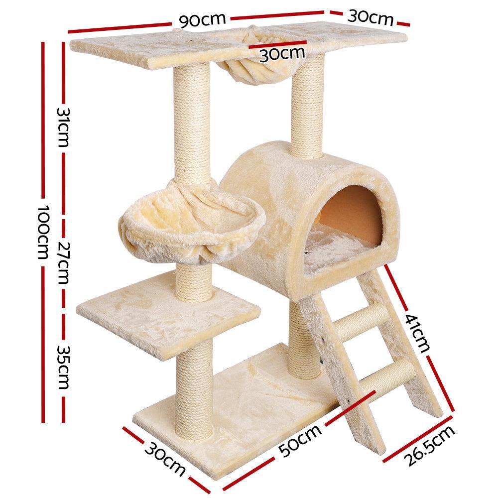 i.Pet Cat Tree 100cm Trees Scratching Post Scratcher Tower Condo House Furniture Wood Beige - John Cootes