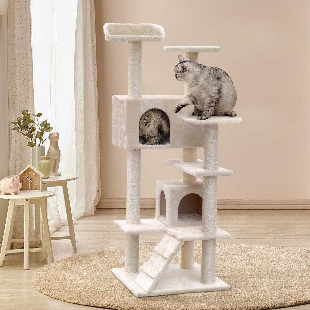 i.Pet Cat Tree 134cm Trees Scratching Post Scratcher Tower Condo House Furniture Wood Beige - John Cootes