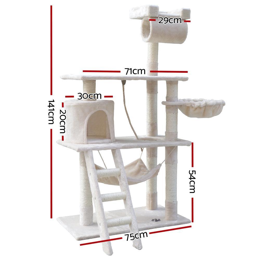 i.Pet Cat Tree 141cm Trees Scratching Post Scratcher Tower Condo House Furniture Wood Beige - John Cootes