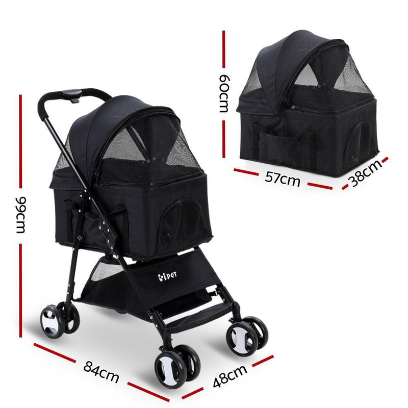 i.Pet Pet Stroller Dog Carrier Foldable Pram 3 IN 1 Middle Size Black - John Cootes