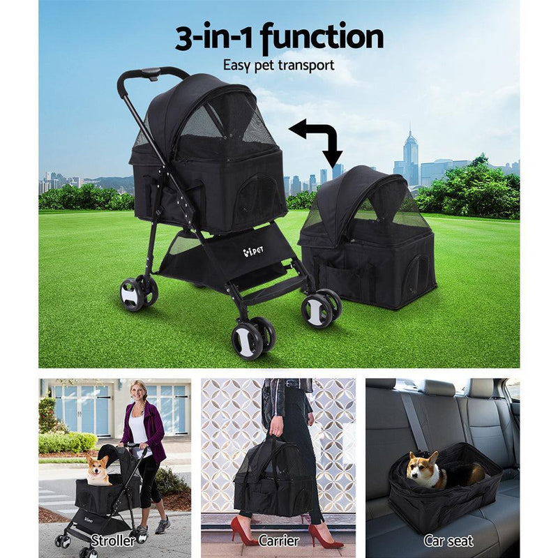 i.Pet Pet Stroller Dog Carrier Foldable Pram 3 IN 1 Middle Size Black - John Cootes