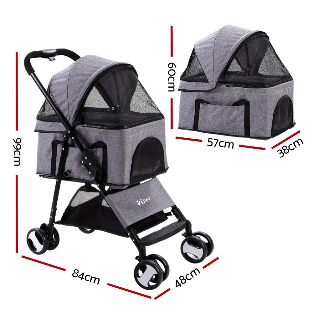 i.Pet Pet Stroller Dog Carrier Foldable Pram 3 IN 1 Middle Size Grey - John Cootes