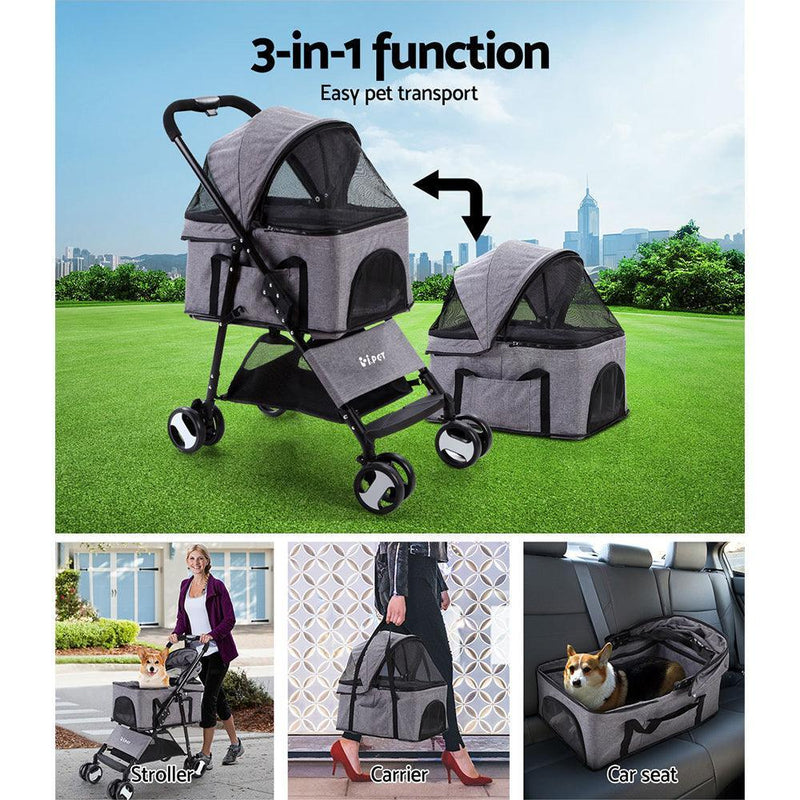 i.Pet Pet Stroller Dog Carrier Foldable Pram 3 IN 1 Middle Size Grey - John Cootes