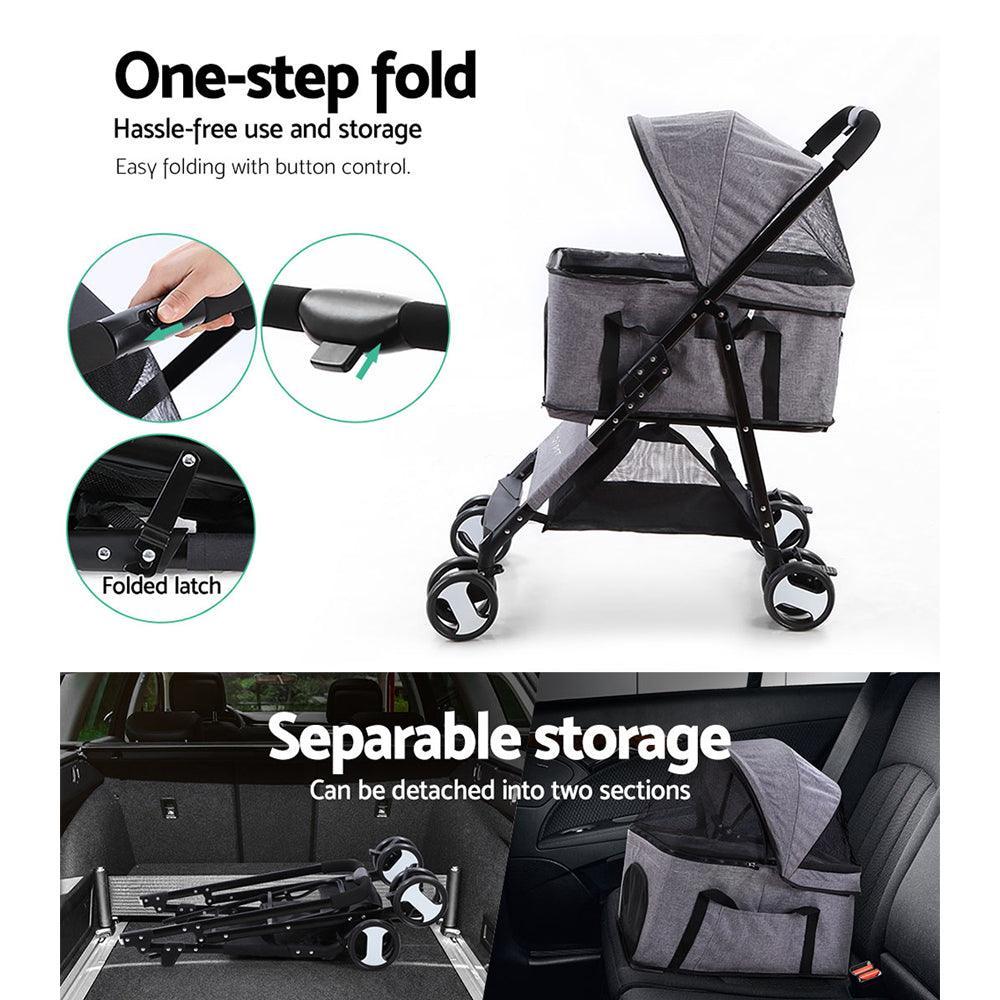 i.Pet Pet Stroller Dog Carrier Foldable Pram 3 IN 1 Middle Size Grey - John Cootes