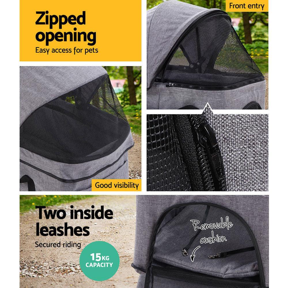 i.Pet Pet Stroller Dog Carrier Foldable Pram 3 IN 1 Middle Size Grey - John Cootes