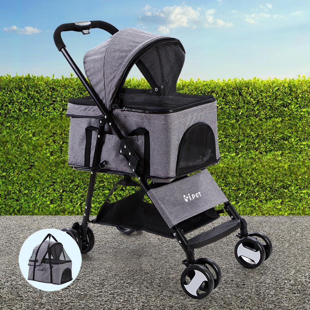 i.Pet Pet Stroller Dog Carrier Foldable Pram 3 IN 1 Middle Size Grey - John Cootes