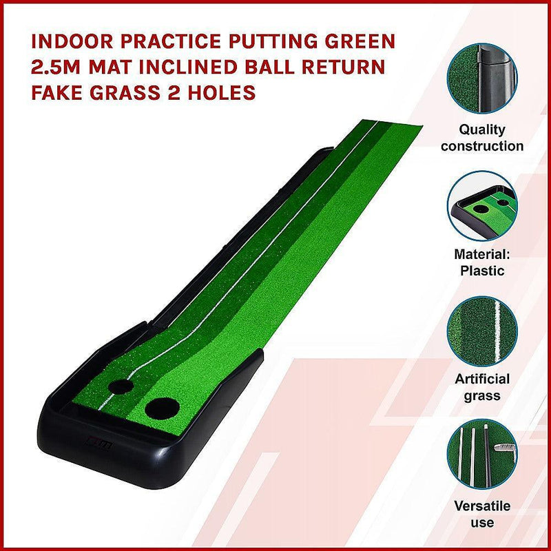 Indoor Practice Putting Green 2.5m Mat Inclined Ball Return Fake Grass 2 Holes - John Cootes
