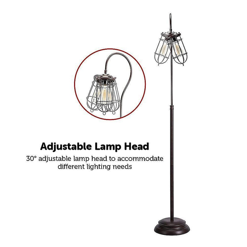 Industrial Floor Lamp with Adjustable Cage Shade Rustic Brushed in Bronze Finish - John Cootes