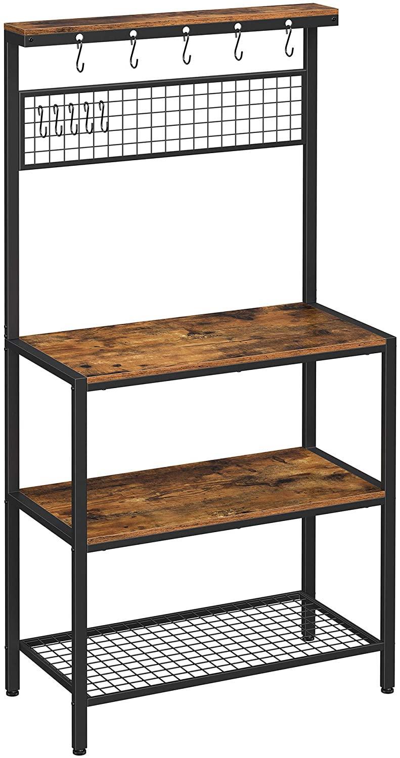 Industrial Kitchen Baker's Rack with Storage Shelves 10 Hooks and Metal Mesh Shelf 84 x 40 x 170 cm Rustic Brown - John Cootes