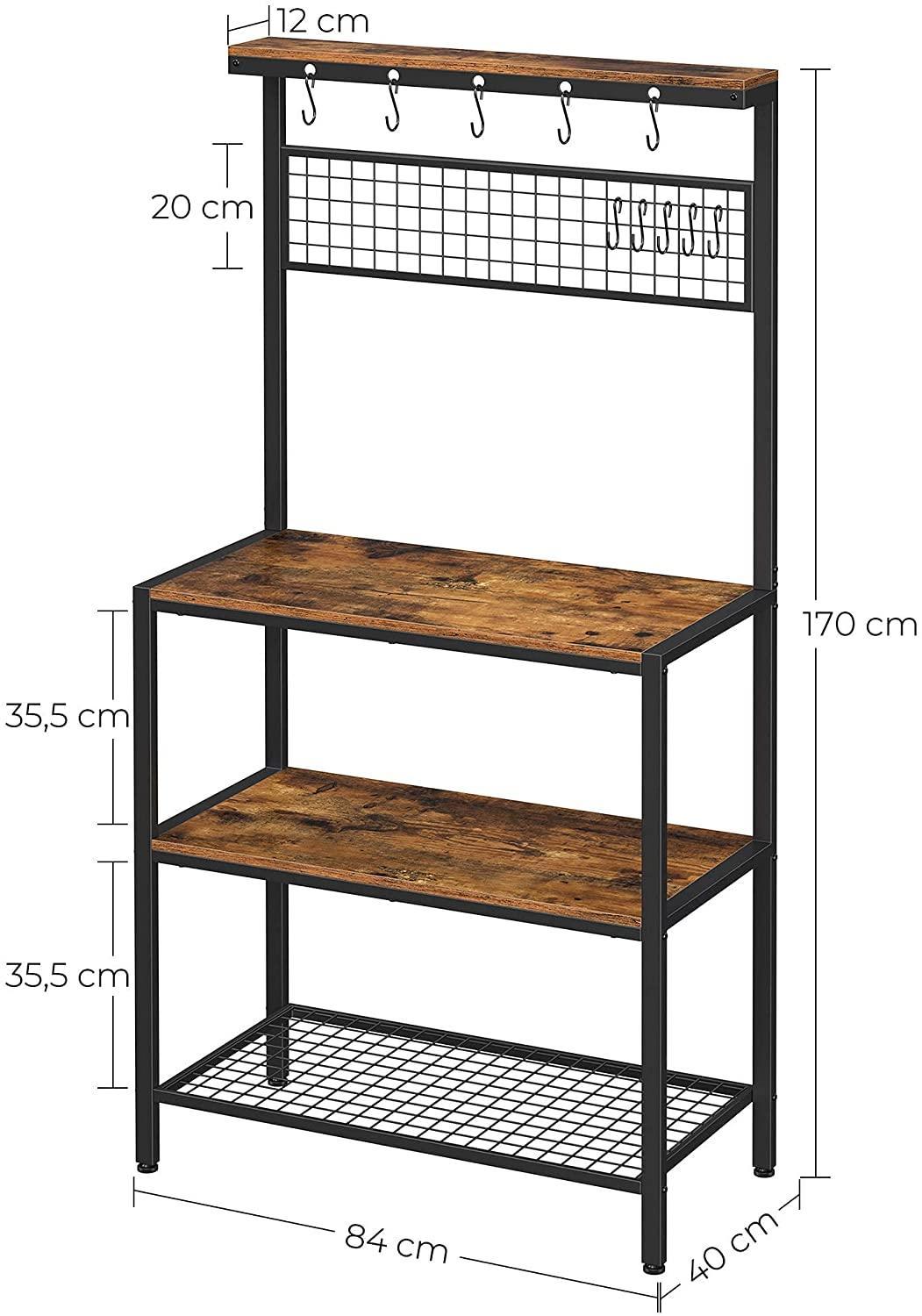 Industrial Kitchen Baker's Rack with Storage Shelves 10 Hooks and Metal Mesh Shelf 84 x 40 x 170 cm Rustic Brown - John Cootes