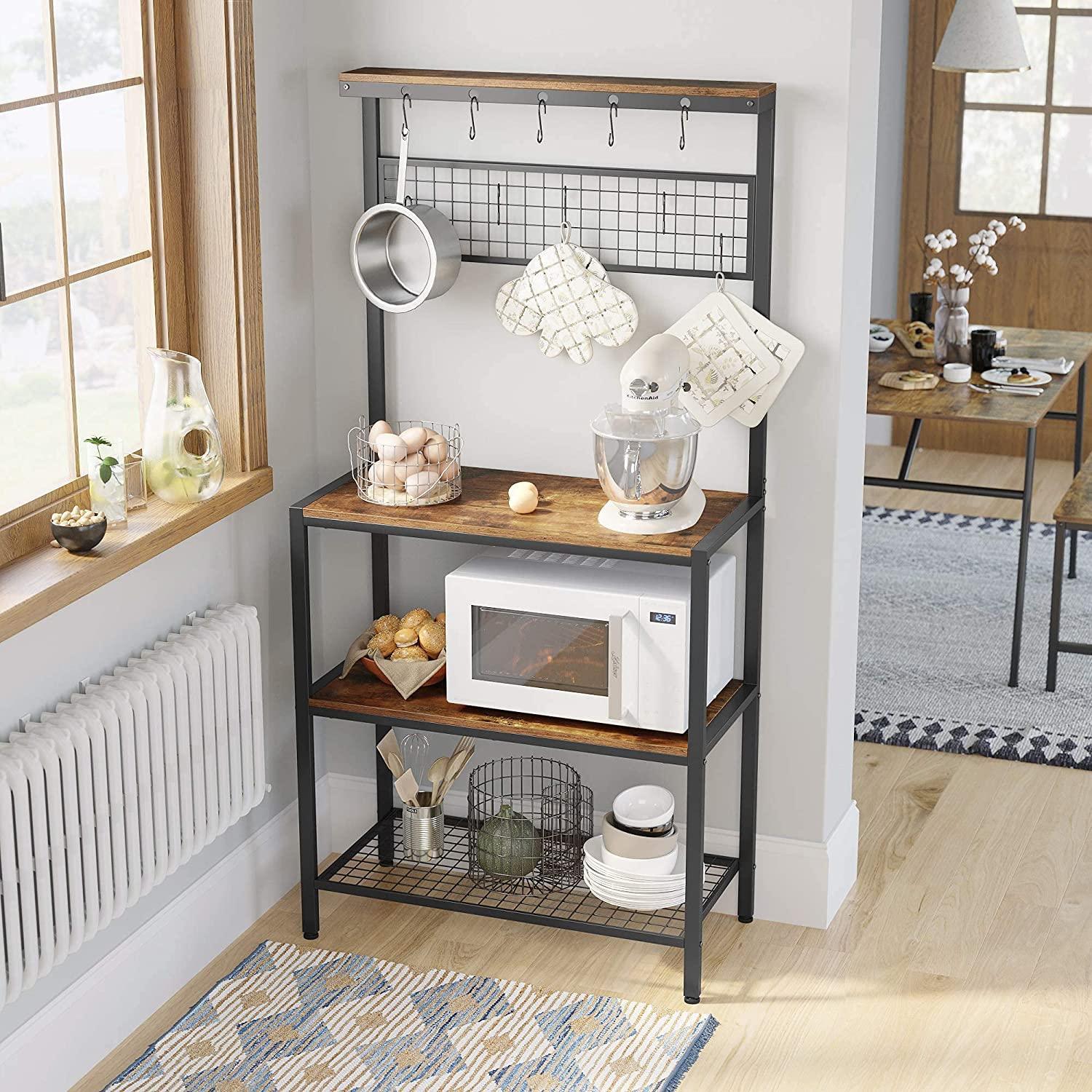 Industrial Kitchen Baker's Rack with Storage Shelves 10 Hooks and Metal Mesh Shelf 84 x 40 x 170 cm Rustic Brown - John Cootes