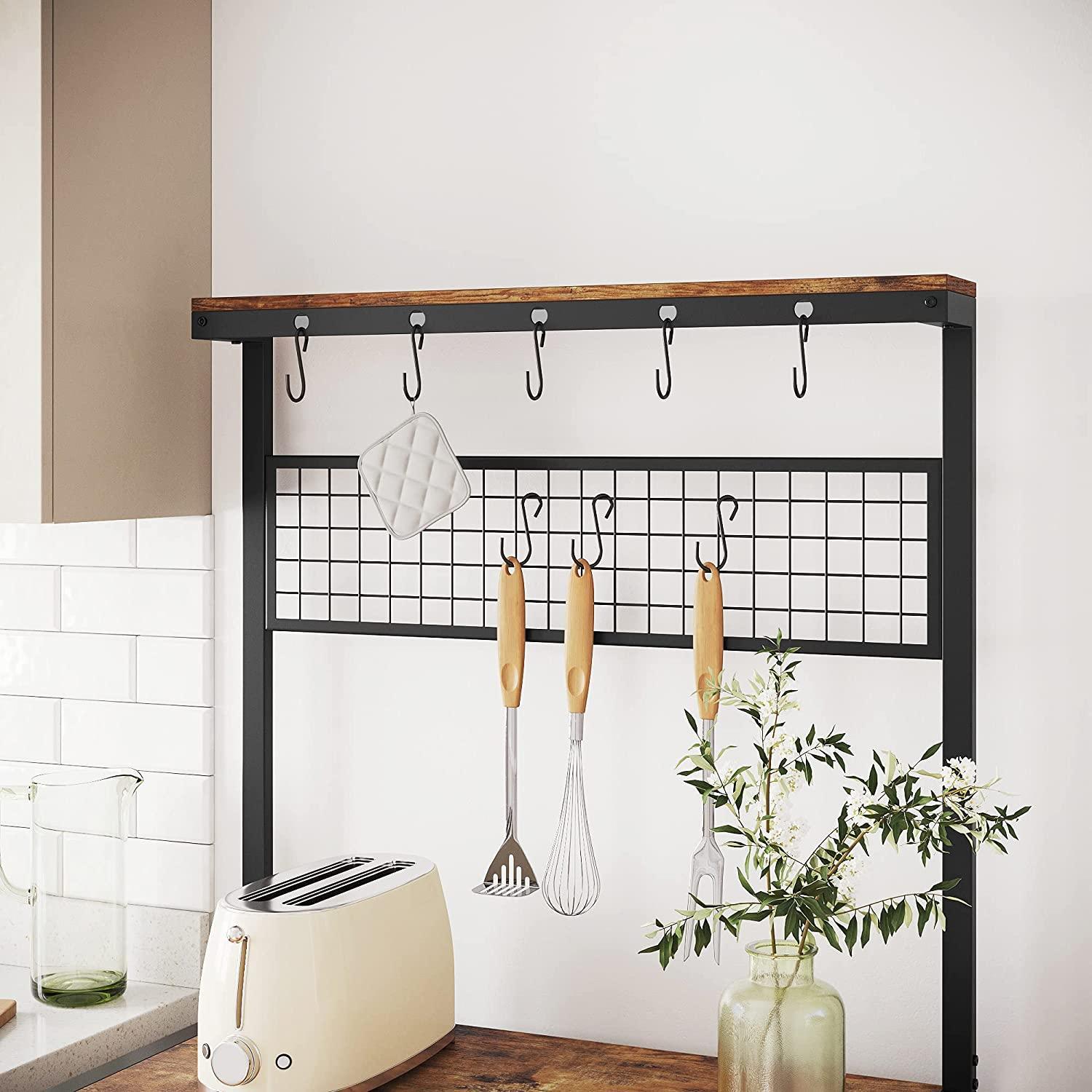 Industrial Kitchen Baker's Rack with Storage Shelves 10 Hooks and Metal Mesh Shelf 84 x 40 x 170 cm Rustic Brown - John Cootes